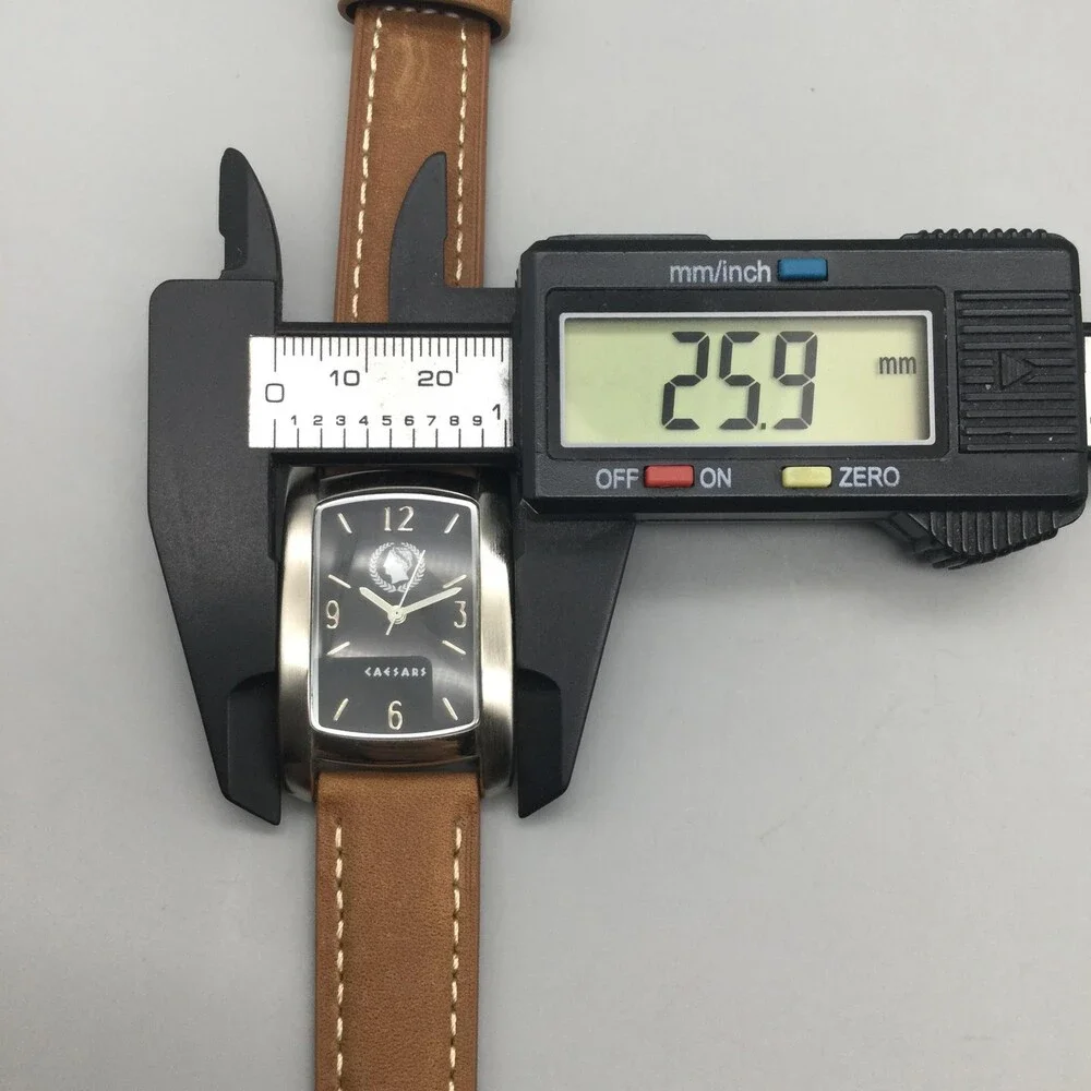 Caesars Mens Watch 26mm Black Dial Brown Strap Silver Tone Case New Battery